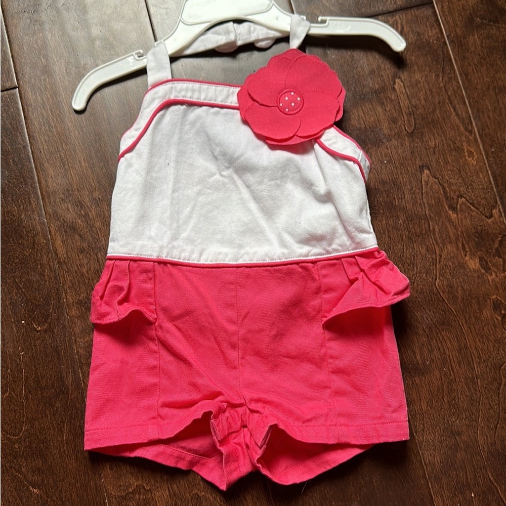 Janie‎ Jack SUMMER ROSE Rosette Colorblock Outfit Romper Pink White Flower  3-6